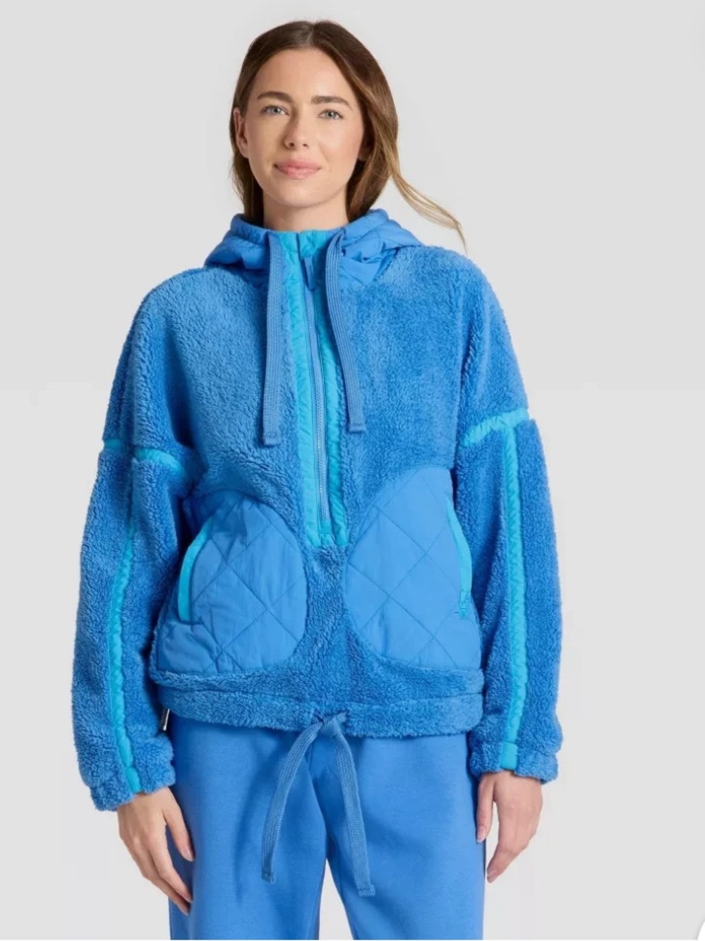 JoyLab Blue Contrast High-Pile Half-Zip Teddy Jacket